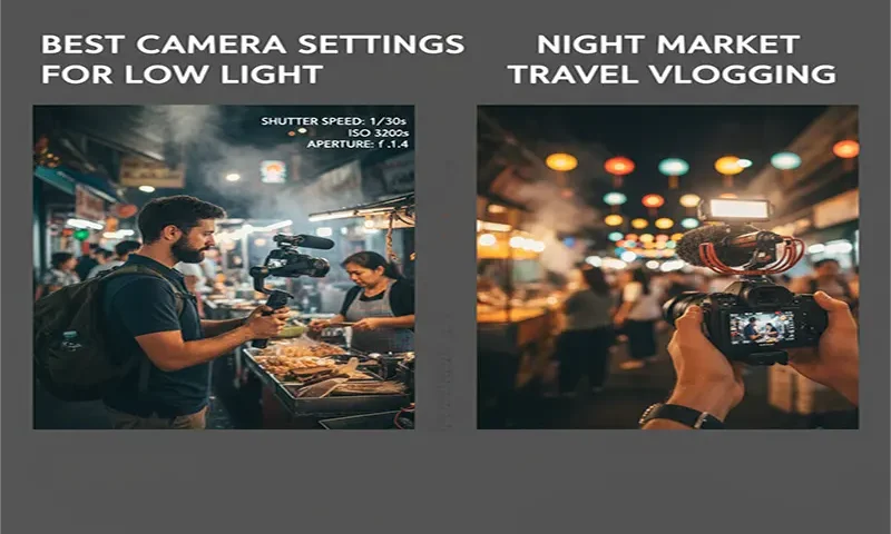 Best camera settings for low light night market travel vlogging